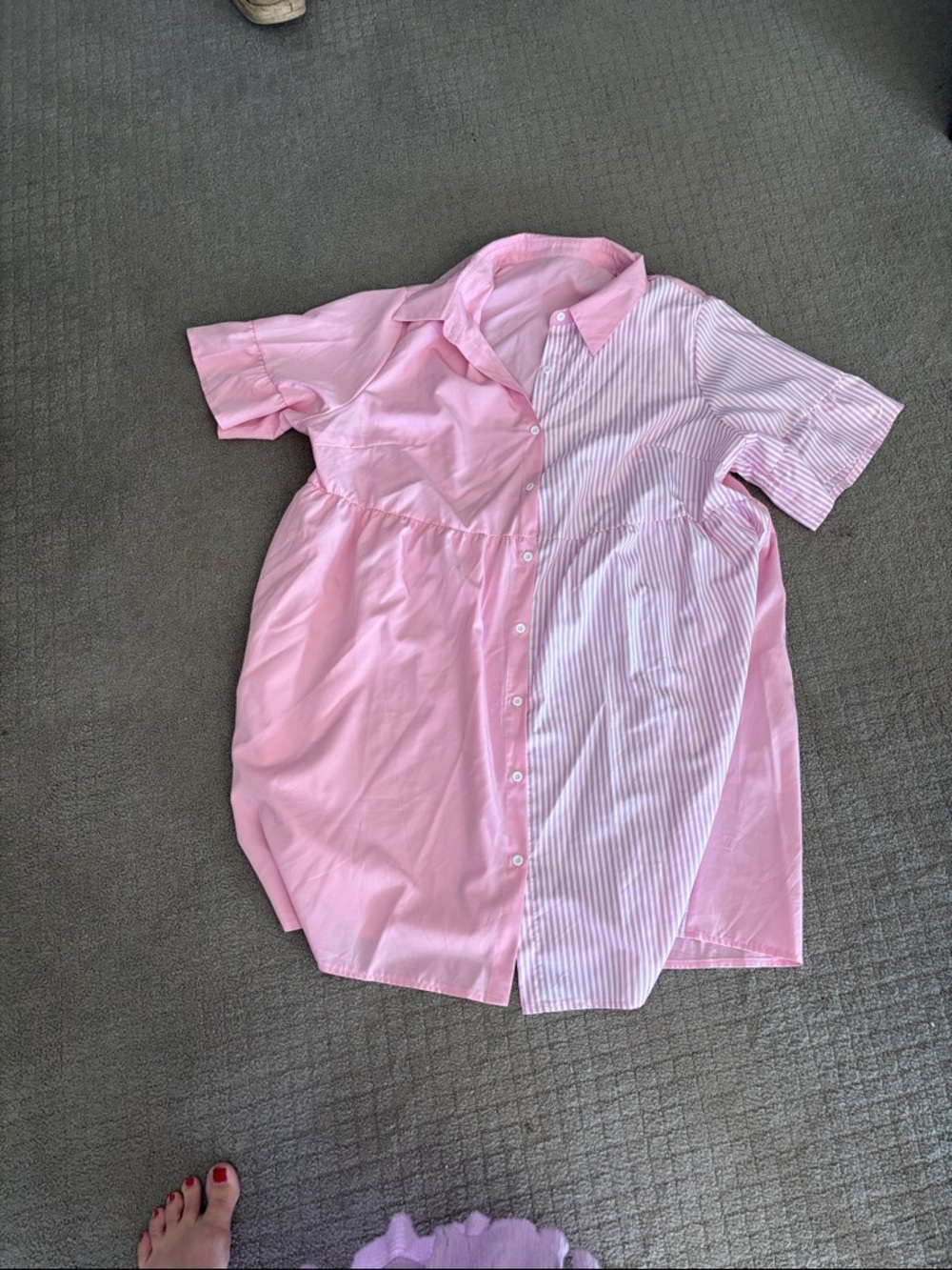 SHEIN Pink Mixed-Panel Button-Front Short Sleeve Dress